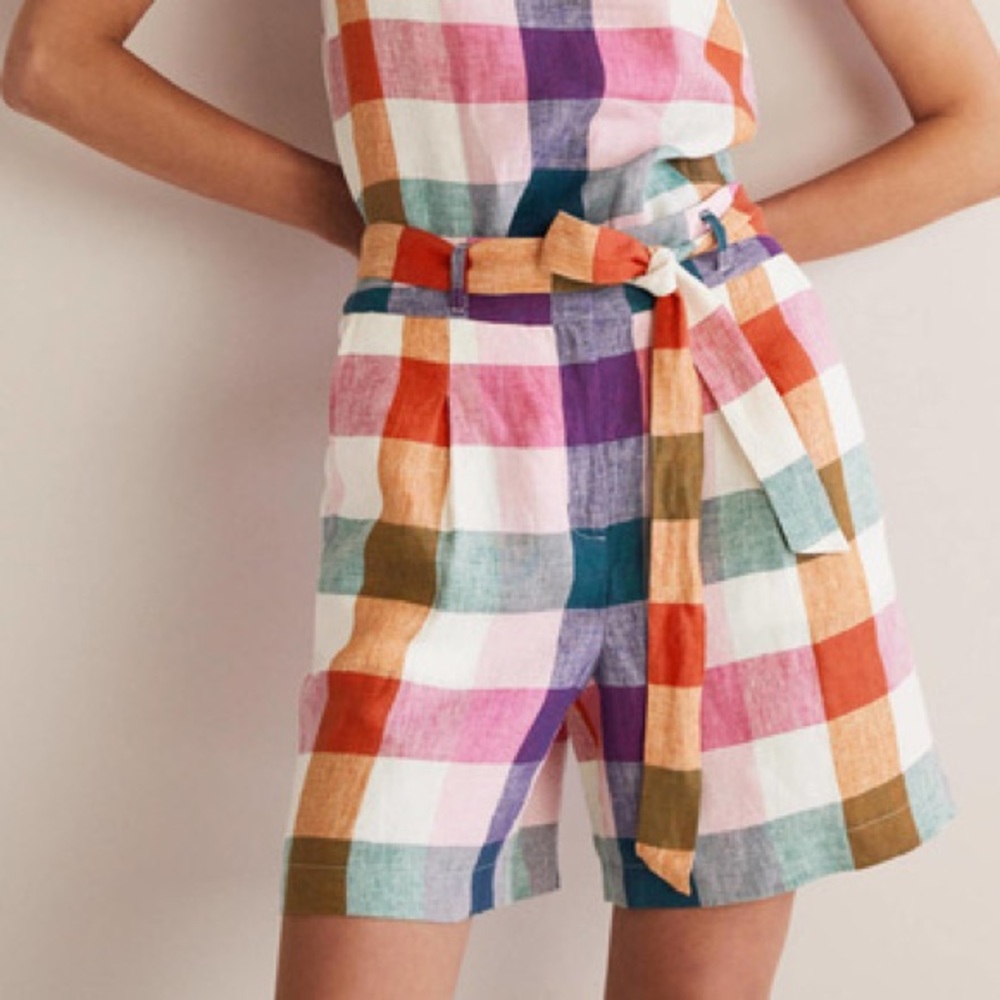 Boden Alma high rise Tie Waist Linen Shorts Bonbon Pink, Flambe Check - Picture 1 of 11